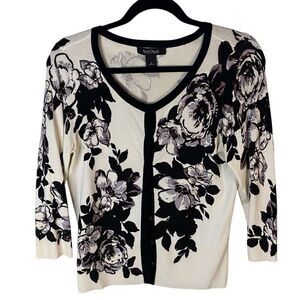 WHBM Cream and Black Floral Cardigan Sz S
